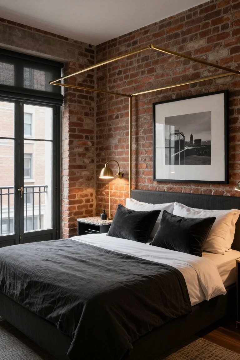 A bedroom with exposed brick walls, a dark upholstered bed under a brass pipe canopy frame, gray linens with black velvet pillows, brass wall lamps, and French doors to a balcony.