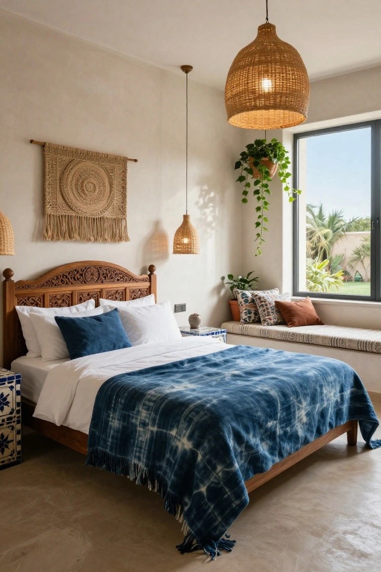 Bedroom interior with a tall carved wooden headboard, white bed linens topped by a blue tie-dye throw, rattan pendant lights, woven wall hanging, potted plants, and a window seat next to a large window showing palm trees outside.