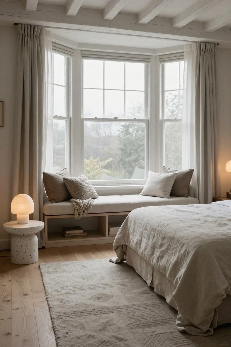 Neutral-toned bedroom with bay window bench seat piled with pillows and throw blanket, linen bed, mushroom lamps on pebble-base tables, and light wood floors.