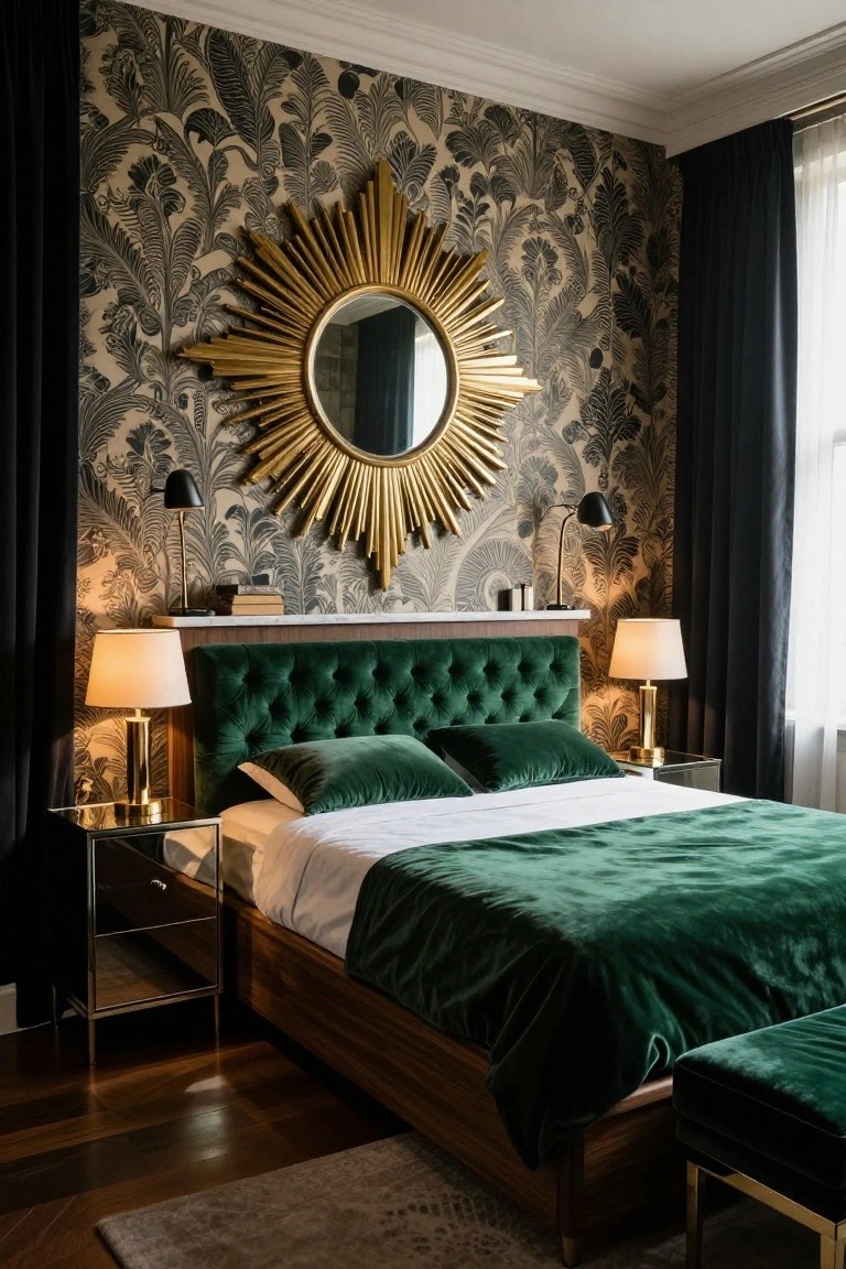 Bedroom with tufted emerald green velvet headboard and bedding on a wood bed frame, gold lamps on mirrored nightstands, large gold sunburst mirror on black and gold leaf wallpaper, black curtains at window, and green velvet bench on wood floor.