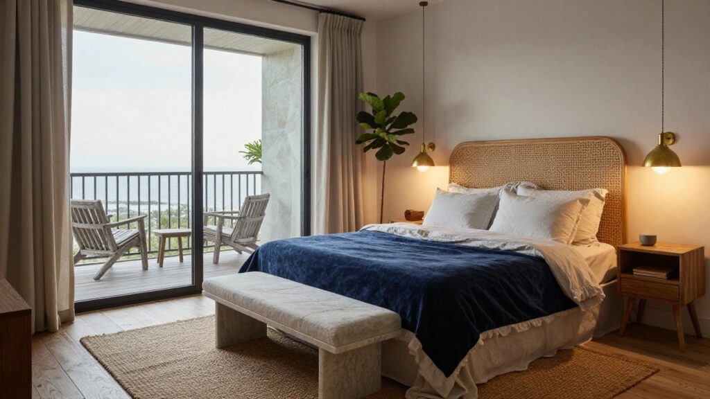 A bedroom with white walls, rattan headboard, navy duvet on the bed, marble-top bench at the foot, large potted fiddle leaf fig plant, and open sliding glass doors to a balcony with wooden chairs overlooking the ocean.