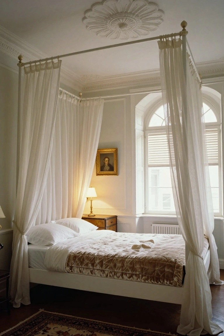 A white four-poster bed with sheer white canopy drapes in a light bedroom with arched windows, blinds, a small lamp on a side table, and a portrait on the wall.
