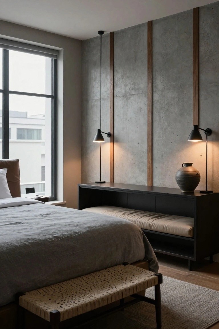 Modern bedroom interior with gray concrete walls accented by vertical wooden slats, a low bed with gray linens and pillows, built-in black desk with beige bench cushion, two black swing-arm lamps flanking a black vase on the desk, rattan bench at bed foot, and large window with blinds.