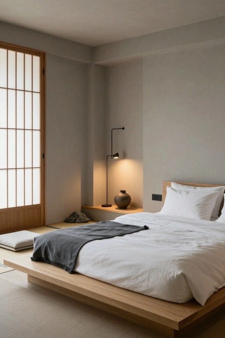 Minimalist bedroom with low wooden platform bed, white sheets, gray throw blanket, tatami floor mats, shoji screen door, wall-mounted lamp, ceramic vase, and rock on wood shelf.