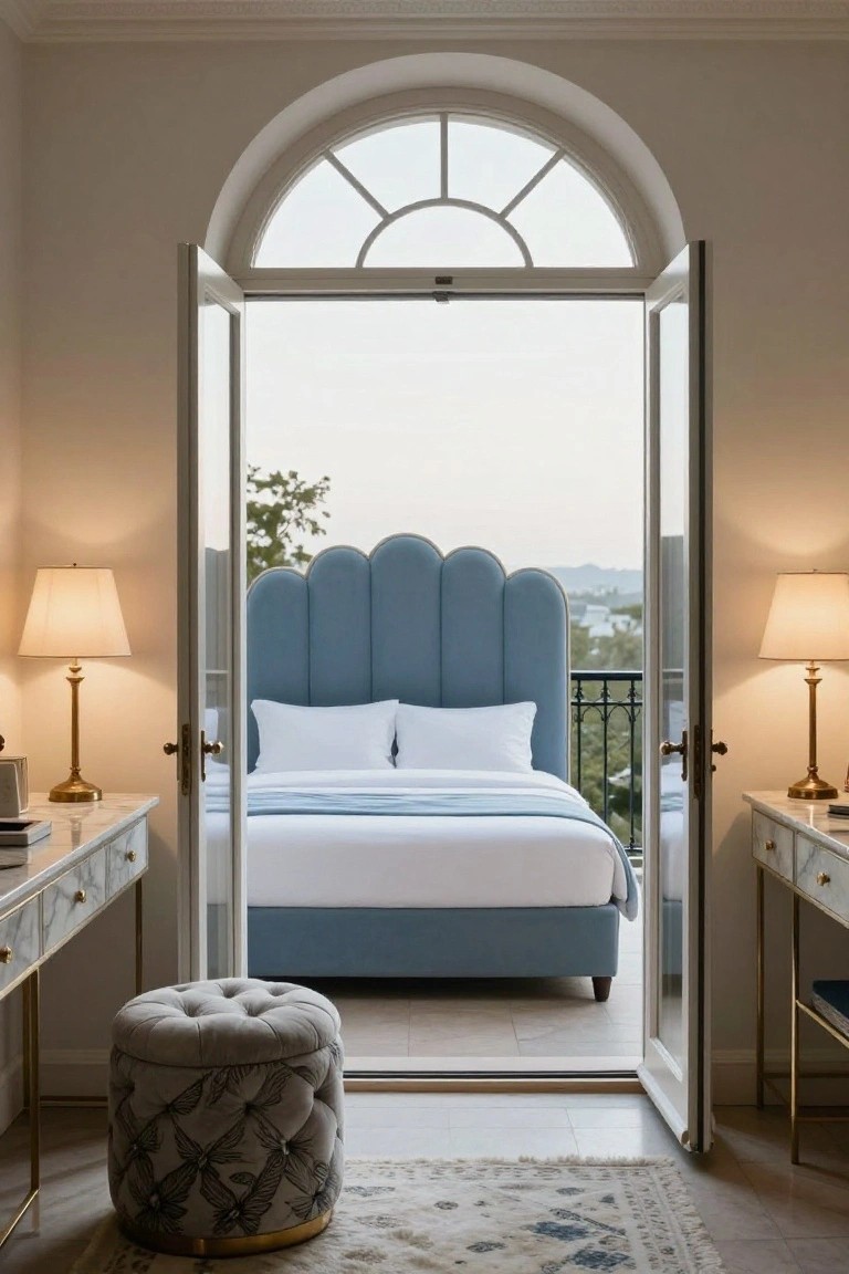 Bedroom with open French doors to a balcony, centering a blue scalloped velvet headboard on a bed with white sheets and blue throw, flanked by marble-topped nightstands and brass lamps, plus a tufted ottoman on a patterned rug.