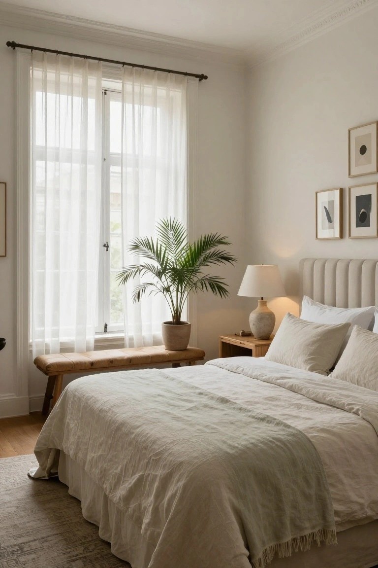 Bedroom corner with large window covered in sheer white curtains, tufted beige upholstered headboard, white linen bed with pillows and throw, wooden bench at bed foot, potted palm plant, terracotta lamp on wooden nightstand, beige rug on wood floor.