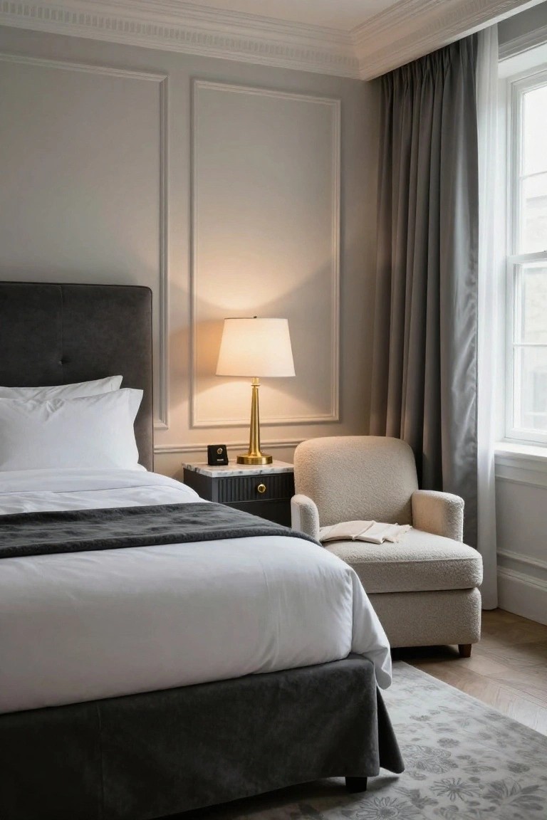 Light gray paneled walls in a bedroom with a dark gray velvet upholstered bed, white bedding, marble-top nightstand with brass lamp, cream upholstered armchair holding an open book, gray curtains on a tall window, and light wood floors with a patterned rug.