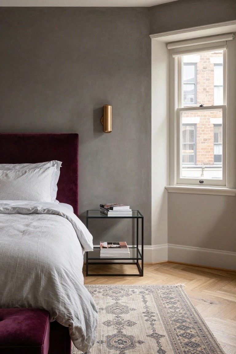 Bedroom corner with deep purple velvet upholstered headboard and foot bench, white linens on bed, glass nightstand holding stacked books and magazines, gold wall sconce, textured gray walls, parquet wood floor partially covered by Persian-style rug, and tall white-framed window overlooking brick buildings.