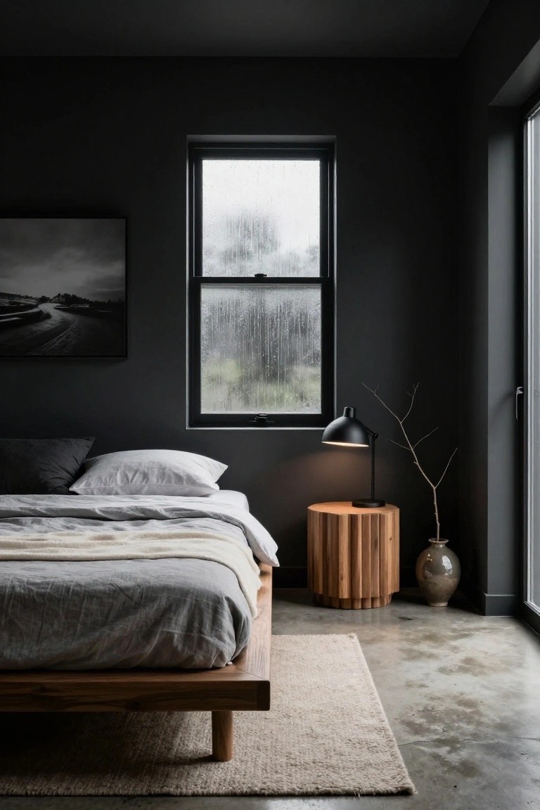 Minimalist bedroom with dark gray-black walls, wooden platform bed with gray duvet and white pillows, wooden drum stool as bedside table holding black desk lamp and vase with branches, rainy window, concrete floor, and beige rug.