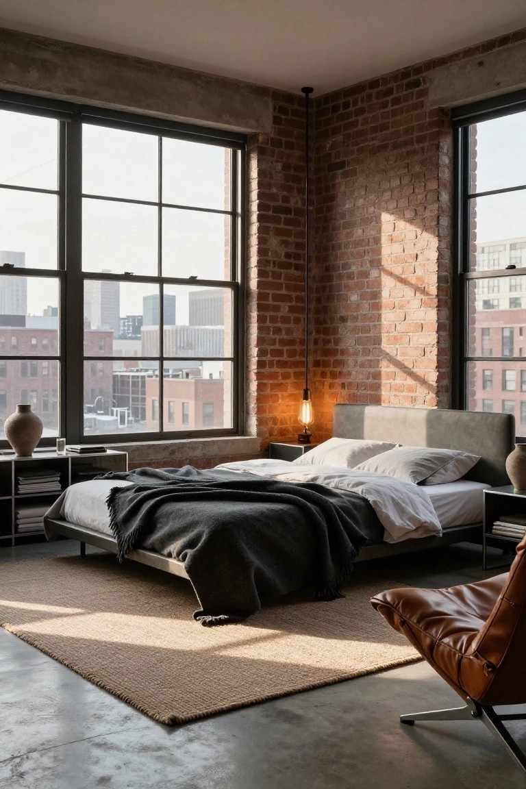 Corner bedroom with exposed red brick walls, large black-framed windows showing city skyline, low metal platform bed with white sheets dark throw and pillows, black metal nightstands with lamps and pottery, orange leather chair on polished concrete floor with seagrass rug.