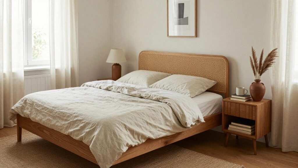 20 Cozy Minimalist Bedroom Ideas for Calm Living A minimalist bedroom with a low natural wood platform bed, rattan headboard, white linen bedding, beige throw pillows, wooden nightstand with lamp and books, sheer curtains on a window, pampas grass in terracotta pot, and abstract art on beige walls.