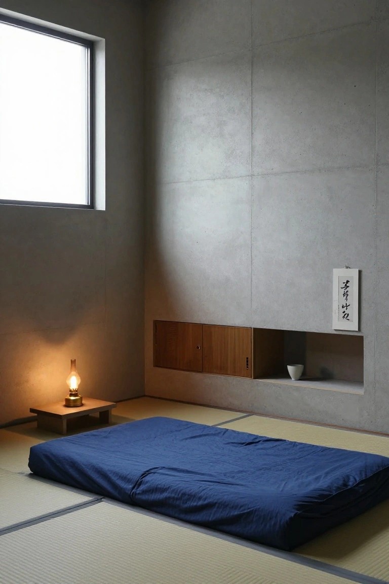Minimalist Japanese-style bedroom with light gray concrete walls, large horizontal window, wooden built-in cabinet and niche holding a white cup, brass lantern on wooden stand, navy blue futon on tan tatami mats.
