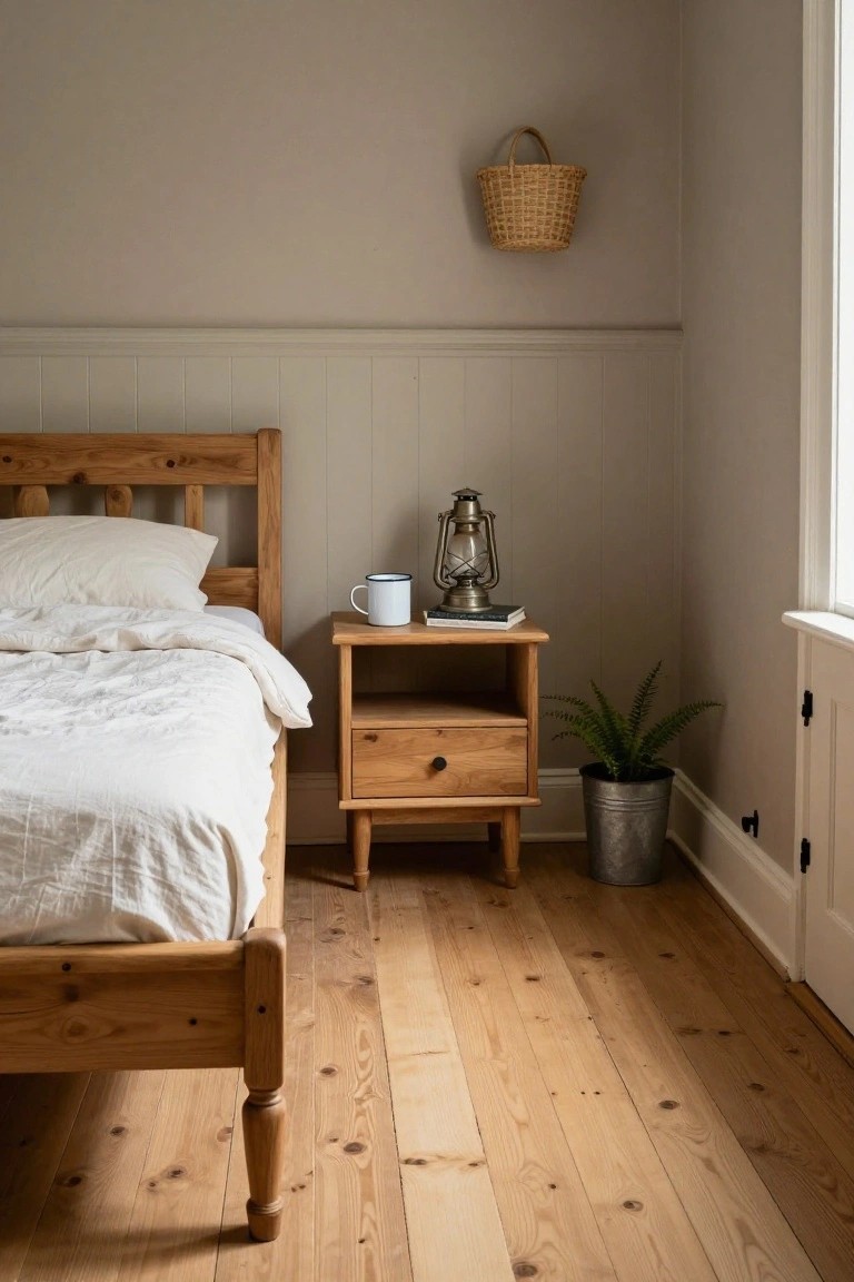 Corner view of a minimalist bedroom with wooden bed frame and white duvet, matching wooden nightstand holding a lantern lamp, white mug, and book, wall basket, potted fern in metal bucket, neutral paneled walls, and wooden floorboards.
