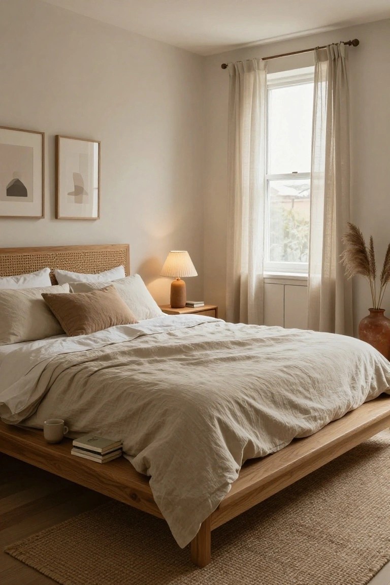 A minimalist bedroom with a low natural wood platform bed, rattan headboard, white linen bedding, beige throw pillows, wooden nightstand with lamp and books, sheer curtains on a window, pampas grass in terracotta pot, and abstract art on beige walls.