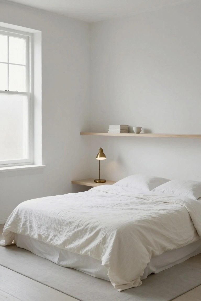 A minimalist bedroom with white walls, a low white platform bed covered in white linens, oak floating shelves holding stacked books and a white mug, a brass task lamp on a floating oak nightstand shelf, a frosted window, and a gray rug on light wood floors.