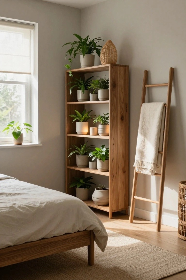 A minimalist bedroom corner with a tall wooden open bookshelf filled with many potted houseplants in white and ceramic pots, a wooden ladder shelf draped with a white towel, a low wooden bed with white linens, a windowsill plant, and hardwood floors.