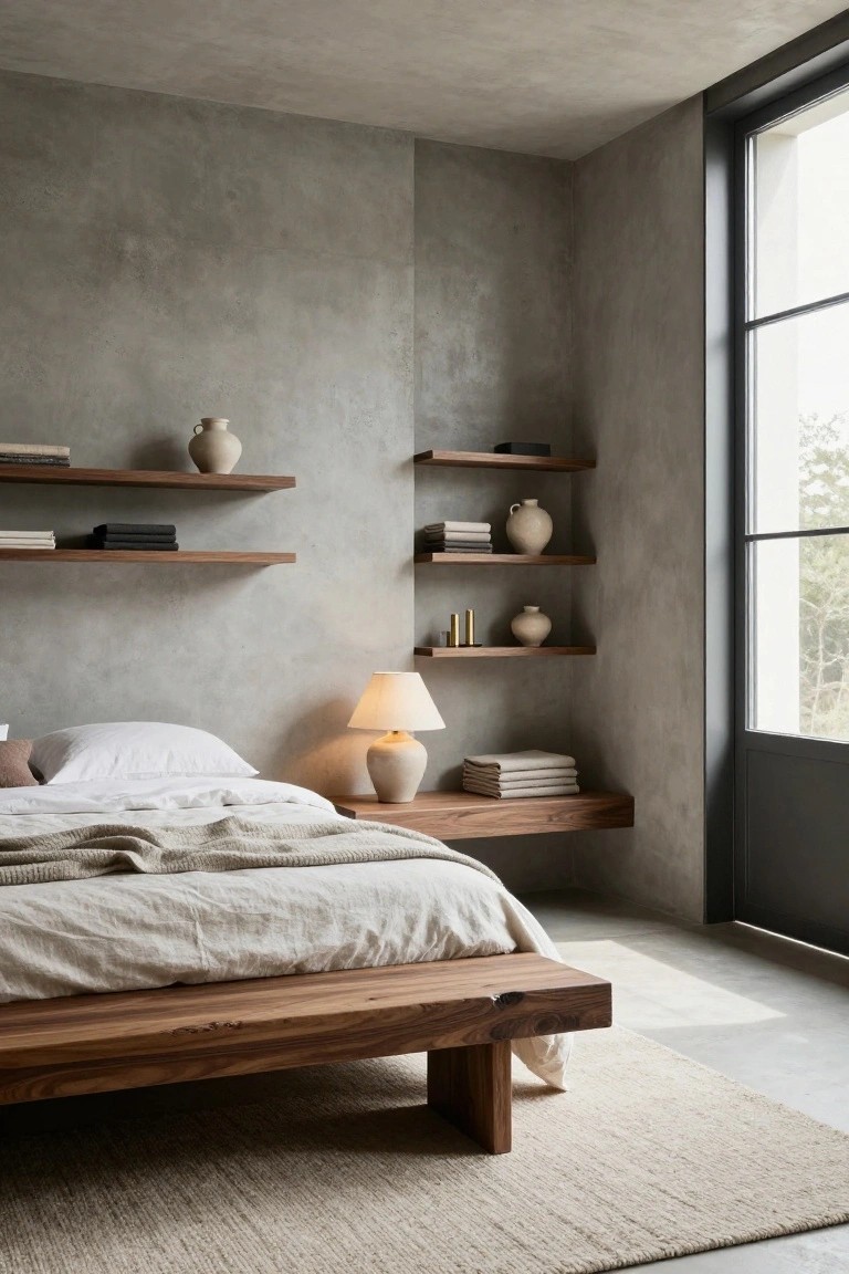 A minimalist bedroom with light gray textured plaster walls, multiple floating wooden shelves displaying books, folded linens, ceramic vases, and a bedside lamp, a low solid wood platform bed with white linens and beige throw, beige seagrass rug, and large black-framed window.
