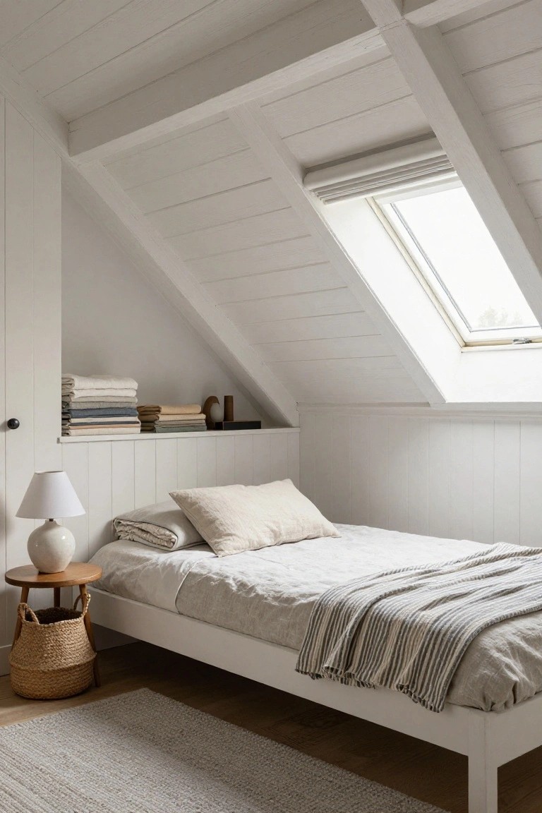 A minimalist attic bedroom with white vertical wood paneling on walls and sloped ceiling, single bed with beige linen sheets and pillows, wooden bedside table holding lamp and vase with wicker basket below, seagrass rug, skylight, and built-in shelves stacked with folded linens and towels.
