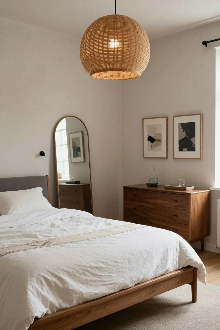 A minimalist bedroom with light gray walls, wooden platform bed with white rumpled linens, matching wooden dresser, tall arched wooden floor mirror, two framed abstract artworks, rattan pendant light, and window with white curtains.