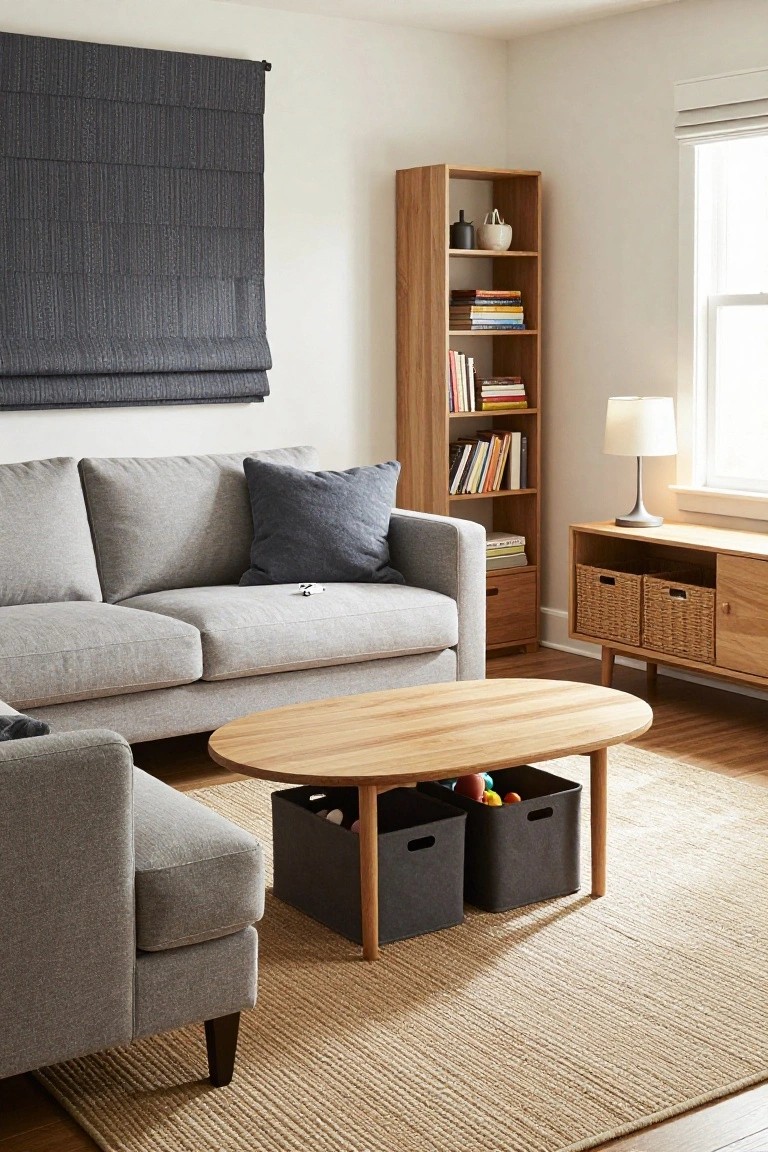 Modern living room featuring a gray L-shaped sofa, oval wooden coffee table with black storage boxes containing colorful toys, wooden bookshelves with books, wooden media console with wicker baskets, beige seagrass rug, and neutral walls.