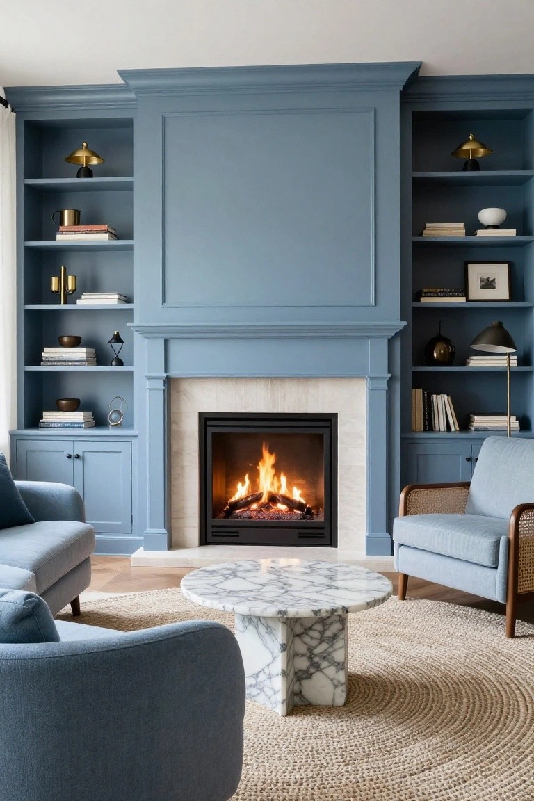 Blue painted built-in shelving and cabinetry flanking a lit gas fireplace in a living room with blue upholstered sofas, white marble coffee table, rattan armchair, and beige seagrass rug.