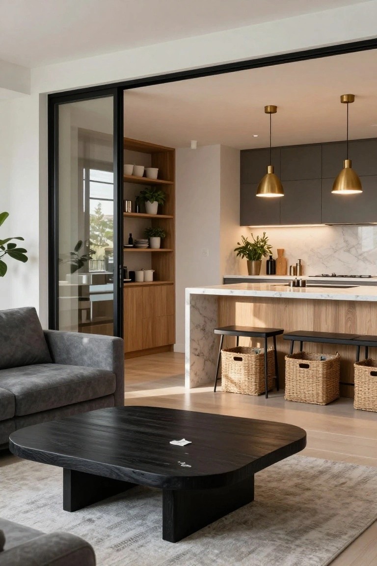 Modern open-plan living room with gray fabric sofa, large black wooden coffee table on light rug, black-framed glass doors to kitchen featuring white marble island, wood cabinets, bar stools, pendant lights, plants, and woven baskets.