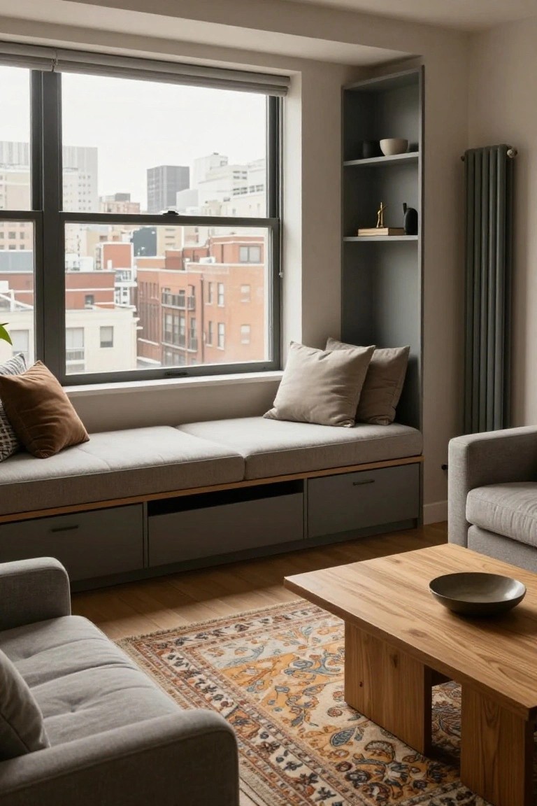 Modern living room with built-in gray window bench seat and pillows, adjacent dark gray shelving and radiator, two light gray sofas, wooden coffee table with ceramic bowl on patterned rug, and cityscape view through large windows.