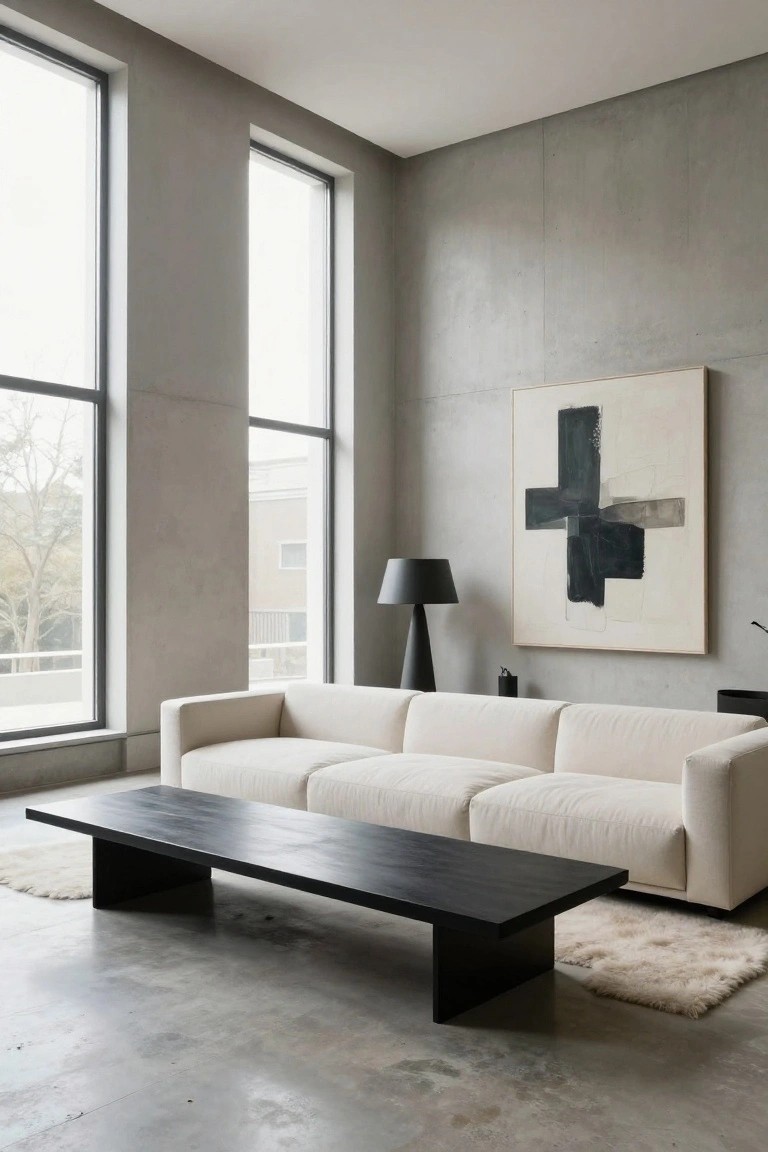 Minimalist living room with light gray concrete walls and polished concrete floor, two large floor-to-ceiling windows showing trees outside, long low cream-colored sofa, rectangular black wood coffee table, white shag rug, black cone-shaped floor lamp, and large abstract black and white painting on the wall.