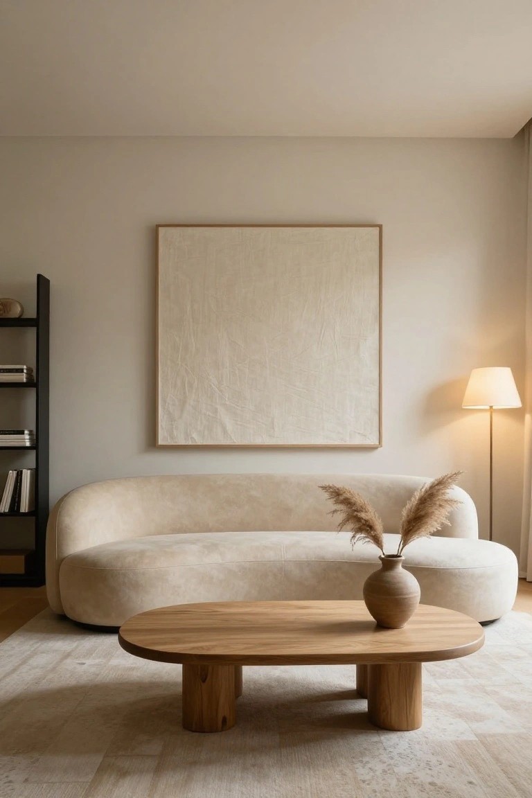 A light beige curved sofa sits in a neutral living room with light walls, a wooden oval coffee table holding a vase of pampas grass, black bookshelf, large framed beige artwork, floor lamp, and light rug on wood floors.