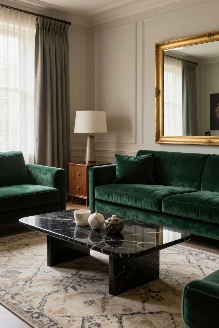 A living room with two emerald green velvet sofas flanking a low black marble coffee table holding white ceramic objects, a wood side table with white lamp nearby, gold-framed mirror on neutral walls, sheer curtains over a window, and a beige patterned rug on hardwood floors.
