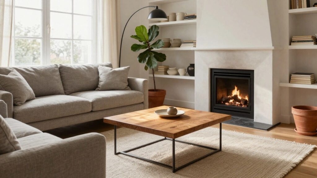 20 Cozy Modern Living Room Ideas That Balance Sleek and Soft Modern living room with light gray sofa, low solid wood coffee table on white rug, tall fiddle leaf fig plant in terracotta pot, built-in white bookshelves, and white fireplace with burning logs.