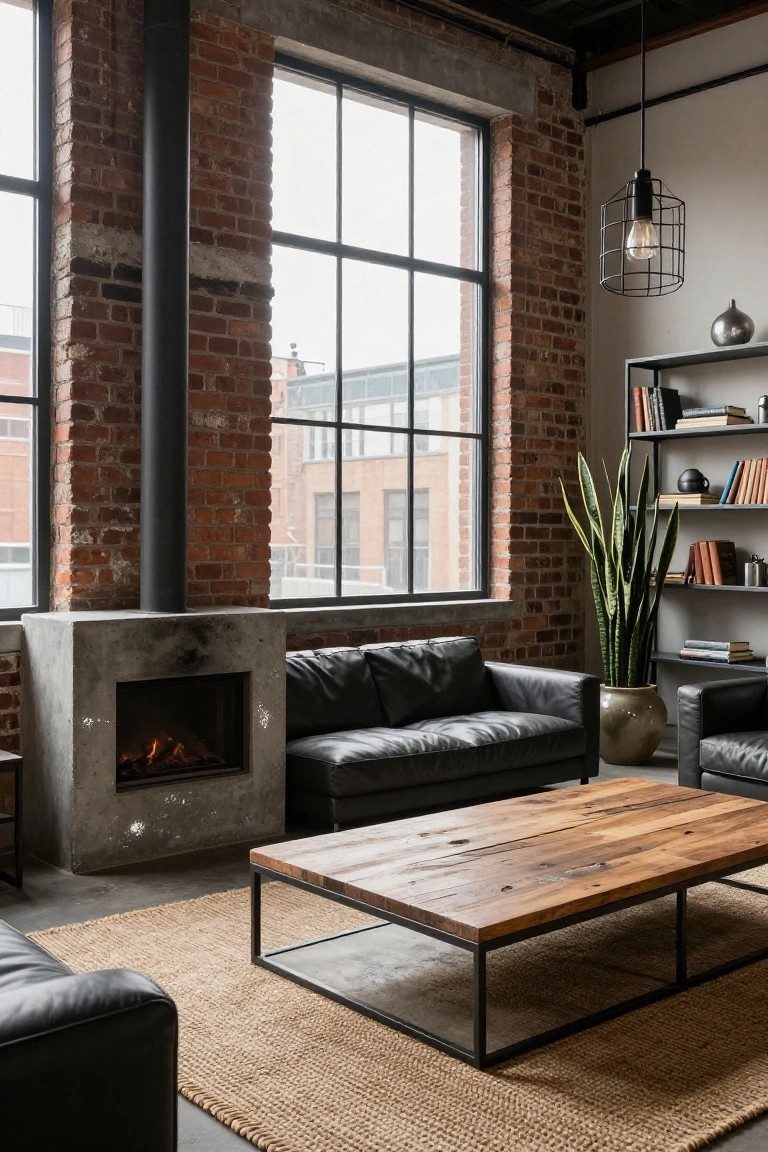 Industrial-style living room with red exposed brick walls, concrete fireplace, black leather sofas, low reclaimed wood coffee table on metal frame, jute rug, snake plant in large pot, metal bookshelves with books, and large metal-framed windows.