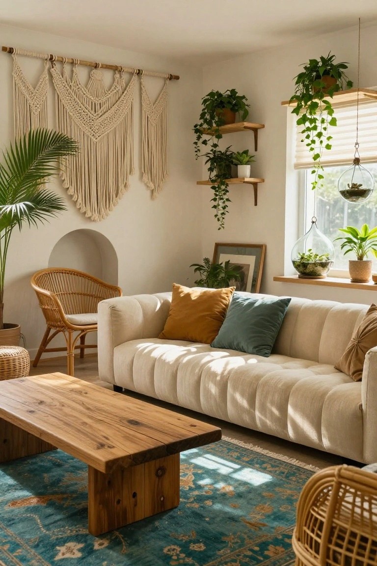 Bright living room featuring a tufted cream sofa, rattan armchair, wooden coffee table, blue Persian rug, multiple potted plants on shelves and windowsills, macrame wall hangings, and a large potted palm.
