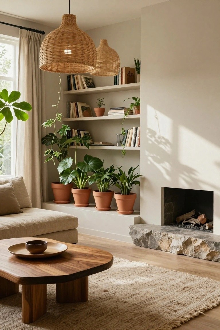Modern living room featuring a beige sofa, wooden coffee table, stone fireplace with logs, built-in white shelves holding books and small plants, large potted plants in terracotta pots nearby, rattan pendant lights, and a neutral rug on wood floors.