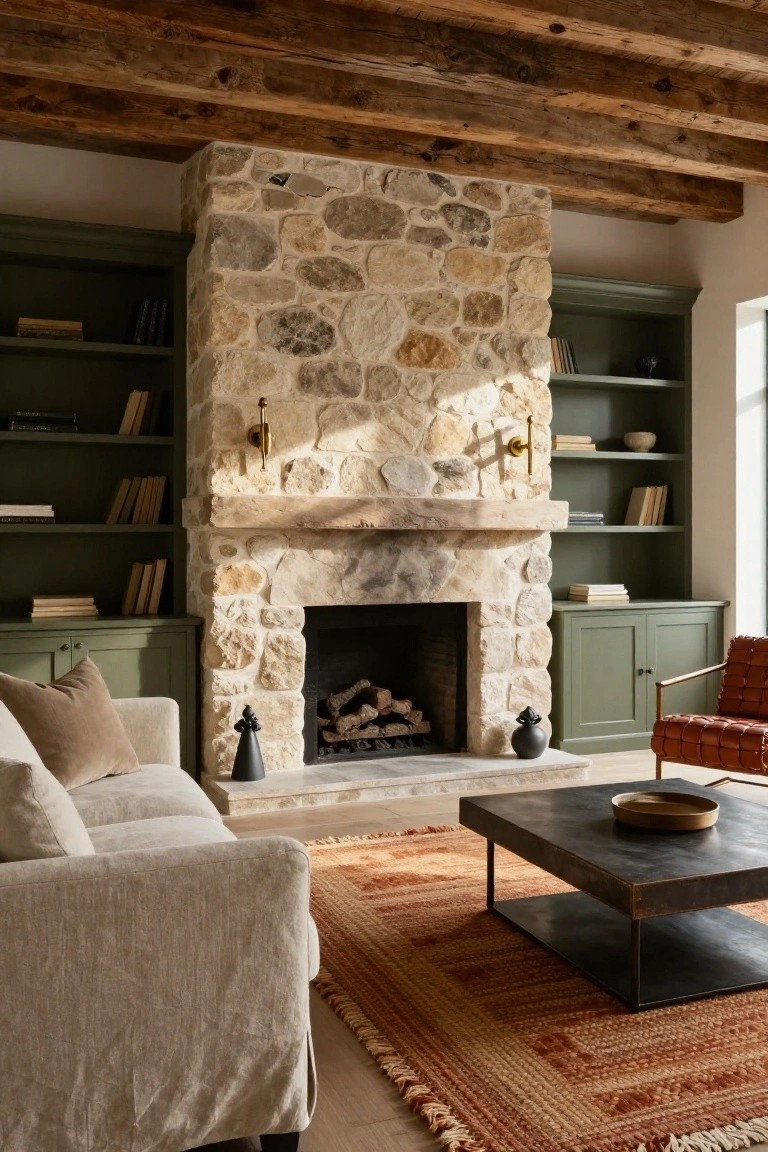Living room with tall beige stone fireplace flanked by sage green built-in bookshelves and cabinets, beige sofa, brown leather chair, black metal coffee table, and orange rug on wood floor.
