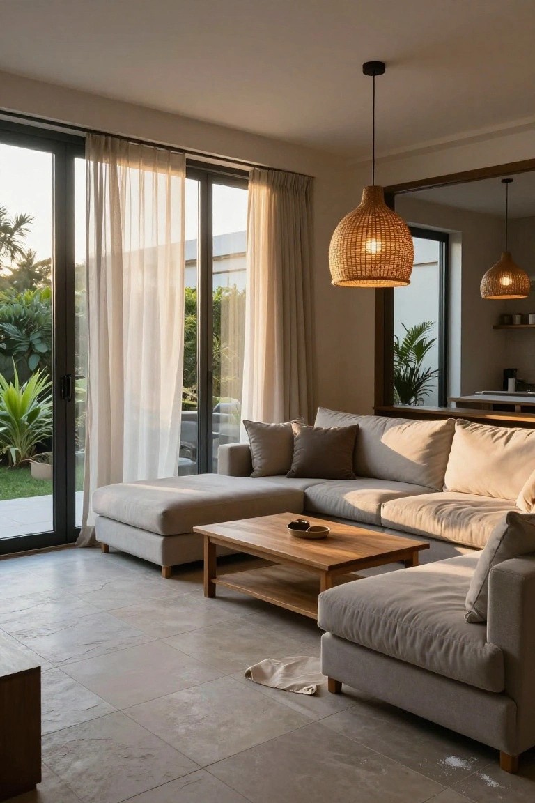 Modern living room featuring an L-shaped light gray sofa, wooden coffee table, rattan pendant lights, sheer curtains on black-framed sliding glass doors, and views of tropical garden plants through the glass.