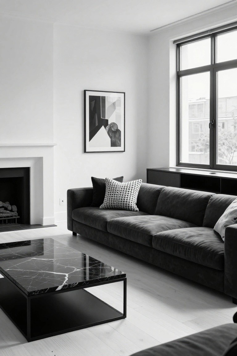 Black and white photo of a modern living room with dark gray velvet sofa, black marble coffee table with white veining, white walls, brick fireplace, abstract wall art, and large windows.