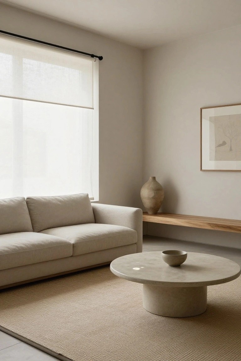 Neutral-toned modern living room with a sofa, round coffee table, and minimal decor.