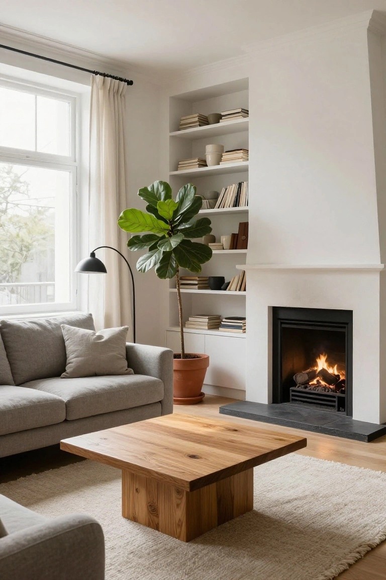 Modern living room with light gray sofa, low solid wood coffee table on white rug, tall fiddle leaf fig plant in terracotta pot, built-in white bookshelves, and white fireplace with burning logs.