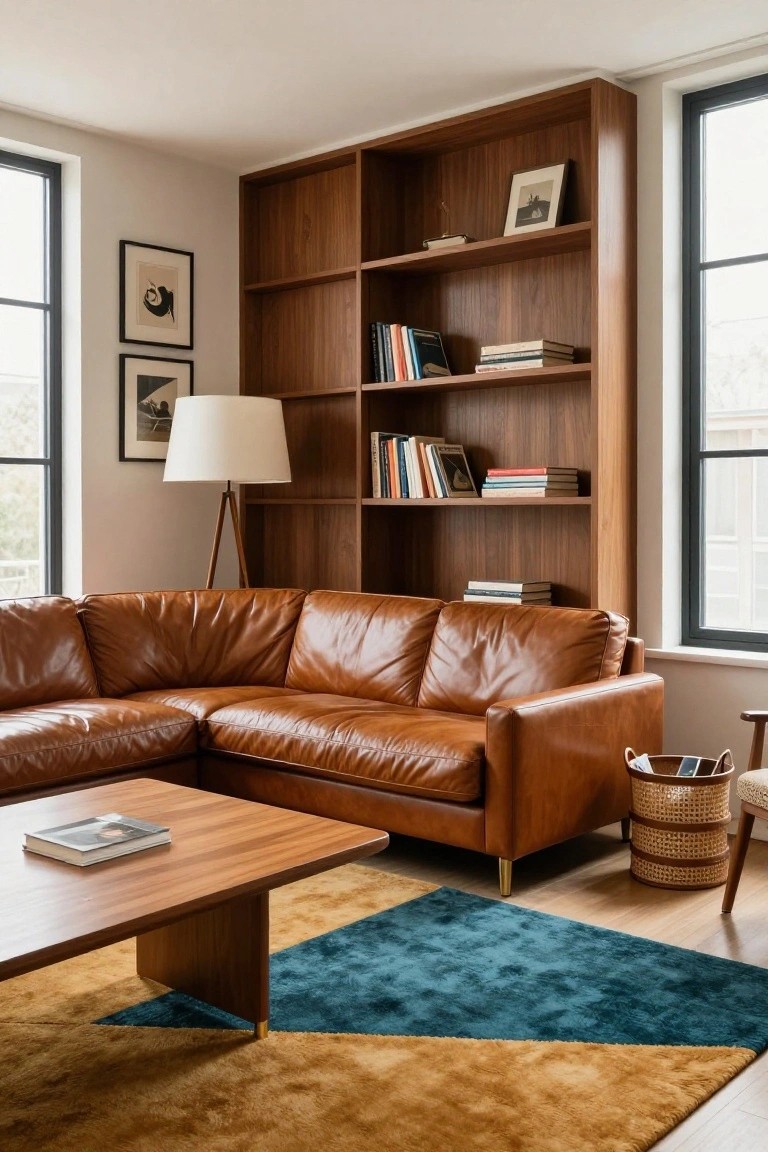Corner of a modern living room with tall wooden bookshelves stocked with books, tan leather L-shaped sofa, wooden coffee table, tripod floor lamp, woven baskets, and geometric teal and yellow rug on light wood floors.