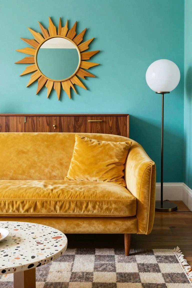 A living room with turquoise walls, a mustard yellow velvet curved sofa, wooden sunburst mirror, white globe floor lamp, walnut credenza, terrazzo coffee table, and black-and-white checkered rug on hardwood floor.