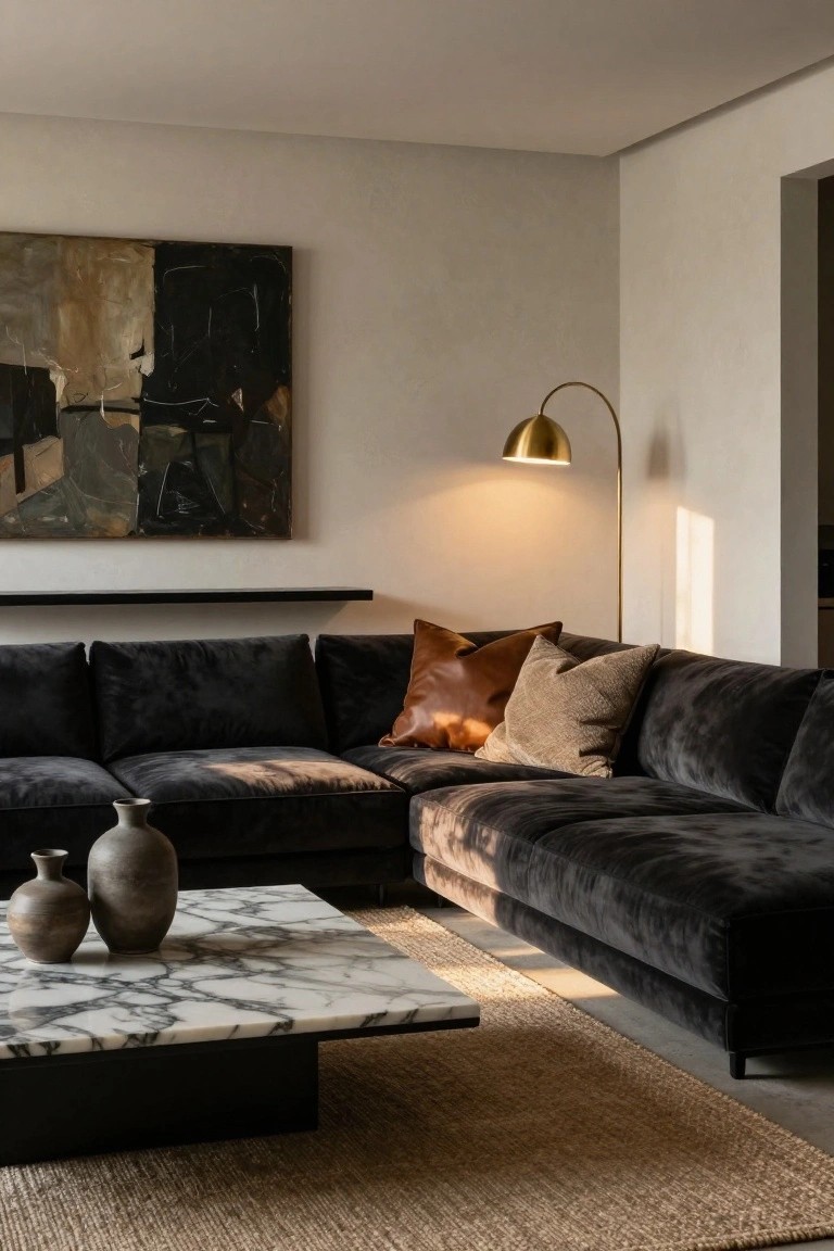 A modern living room corner with black velvet L-shaped sofa, white marble coffee table with two terracotta vases, leather and beige pillows, gold arched floor lamp, abstract painting on beige wall, black shelf, and jute rug.