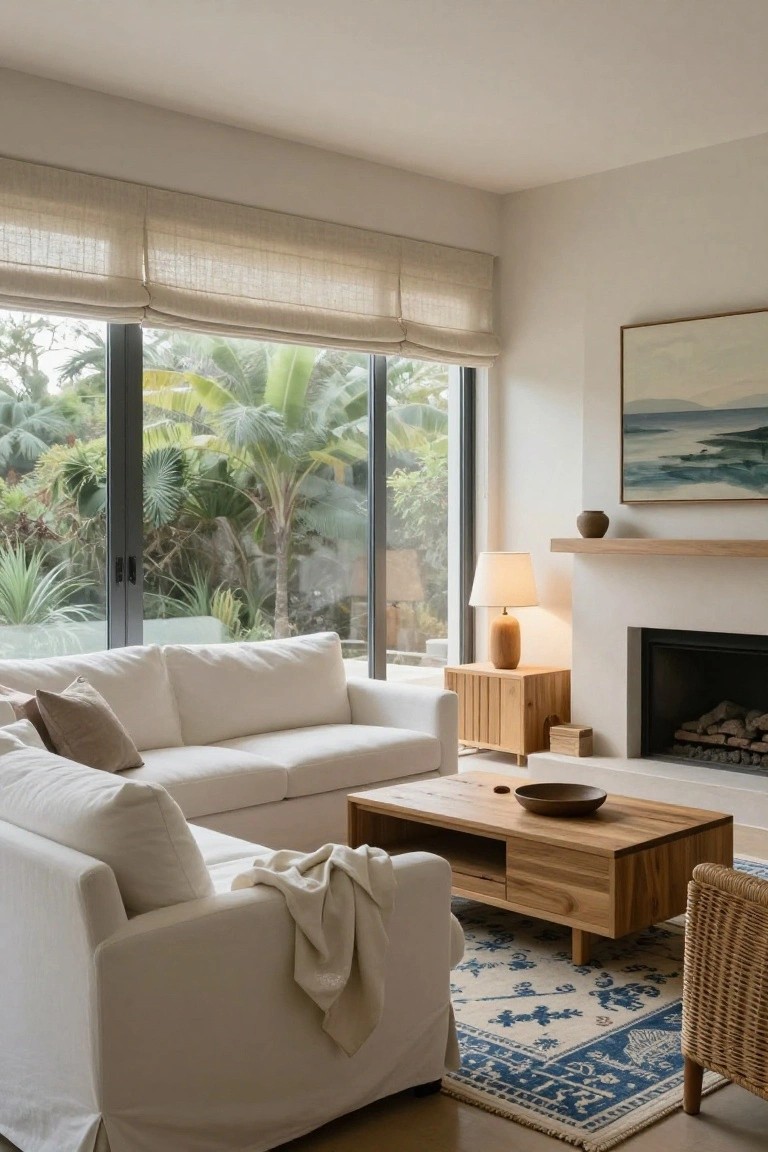 Modern living room featuring a white sofa, wooden coffee table and sideboard, fireplace, and large black-framed windows with linen shades overlooking a lush tropical garden.