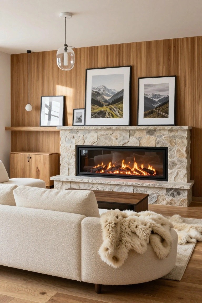 Modern living room with linear gas fireplace in light stone surround against vertical wood slat wall, mountain photos on shelves, cream curved sofa with sheepskin throw, wood side cabinet, pendant lights, and oak floors.