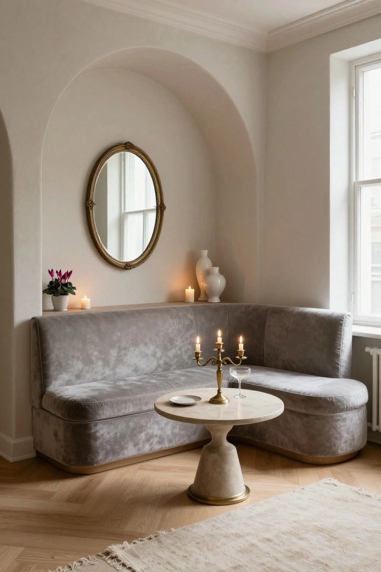 Gray velvet L-shaped banquette sofa built into a white arched alcove wall, with brass candelabra and glass on a pedestal table, gold-framed mirror, white vases, potted plants, and candles in a light wood-floored room.