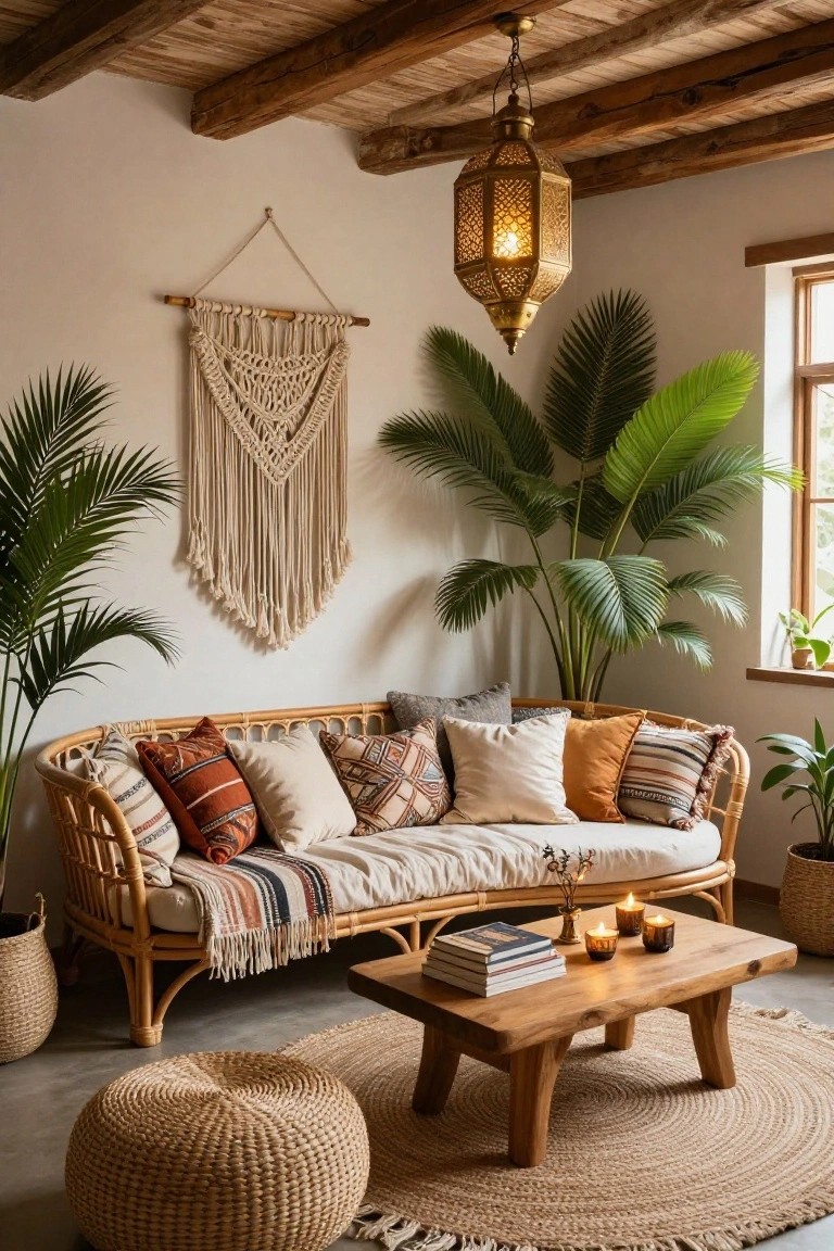 A beige rattan loveseat with mixed pillows and a throw blanket sits on a jute rug in a white-walled room with wooden beams, flanked by large potted palm plants, a low wooden coffee table holding books and candles, and hanging macrame wall art.