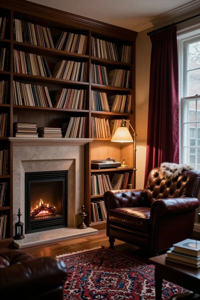 Tall wooden bookshelves filled with books line the walls around a lit marble gas fireplace in a cozy room corner, with a tufted brown leather armchair, brass lamp, side table with books, and Persian rug on the wood floor.