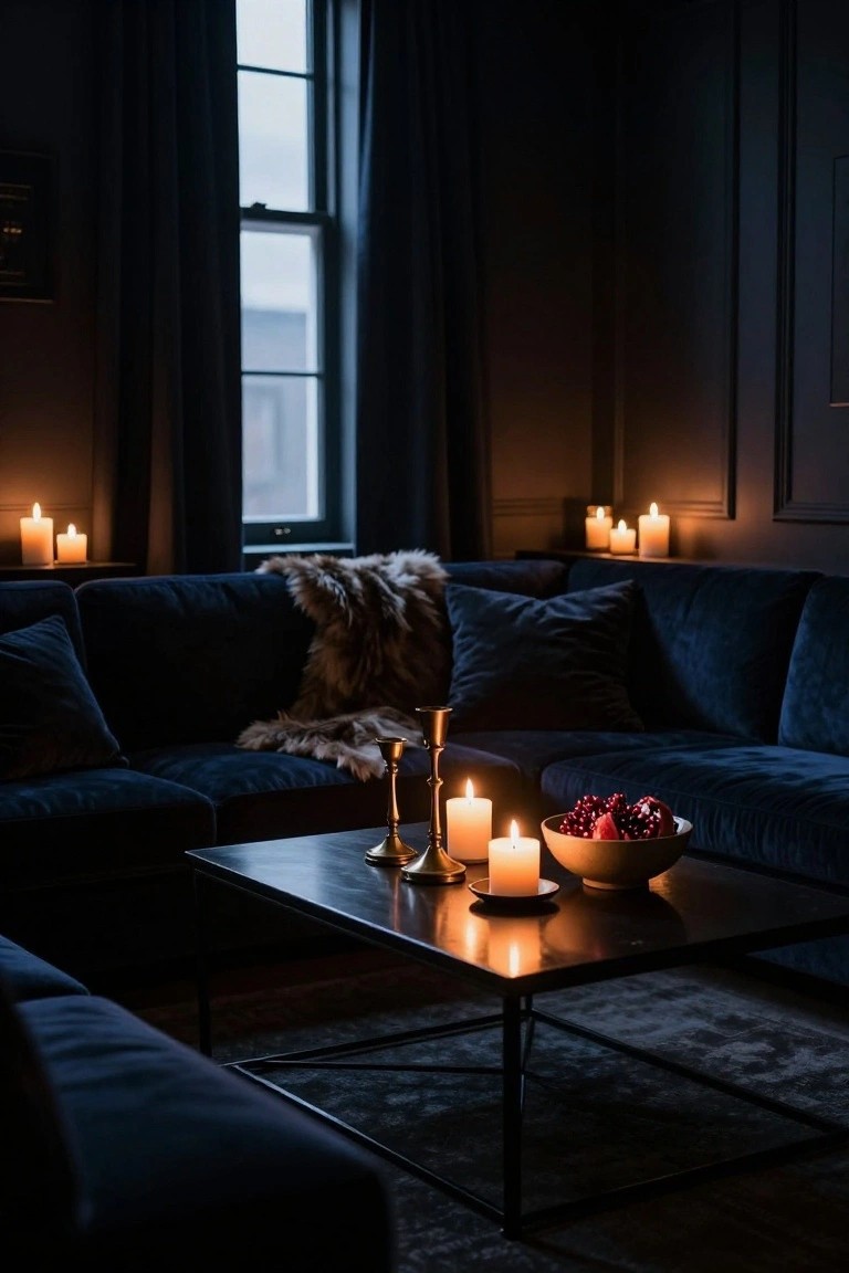 Dimly lit living room with navy blue velvet L-shaped sofa topped with fur throw and pillows, black coffee table holding brass candelabras with burning candles and bowl of pomegranates, additional candles on shelves, dark paneled walls and large curtained window.