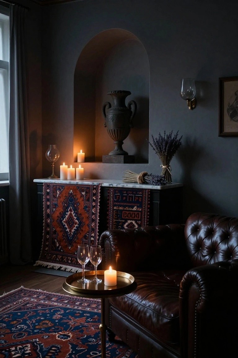 Dark gray living room corner with tufted leather armchair next to brass tray table holding two wine glasses and white candle, maroon credenza draped in Persian rugs, candles on marble shelf and glass lamp, arched niche with black urn and lavender bundles.