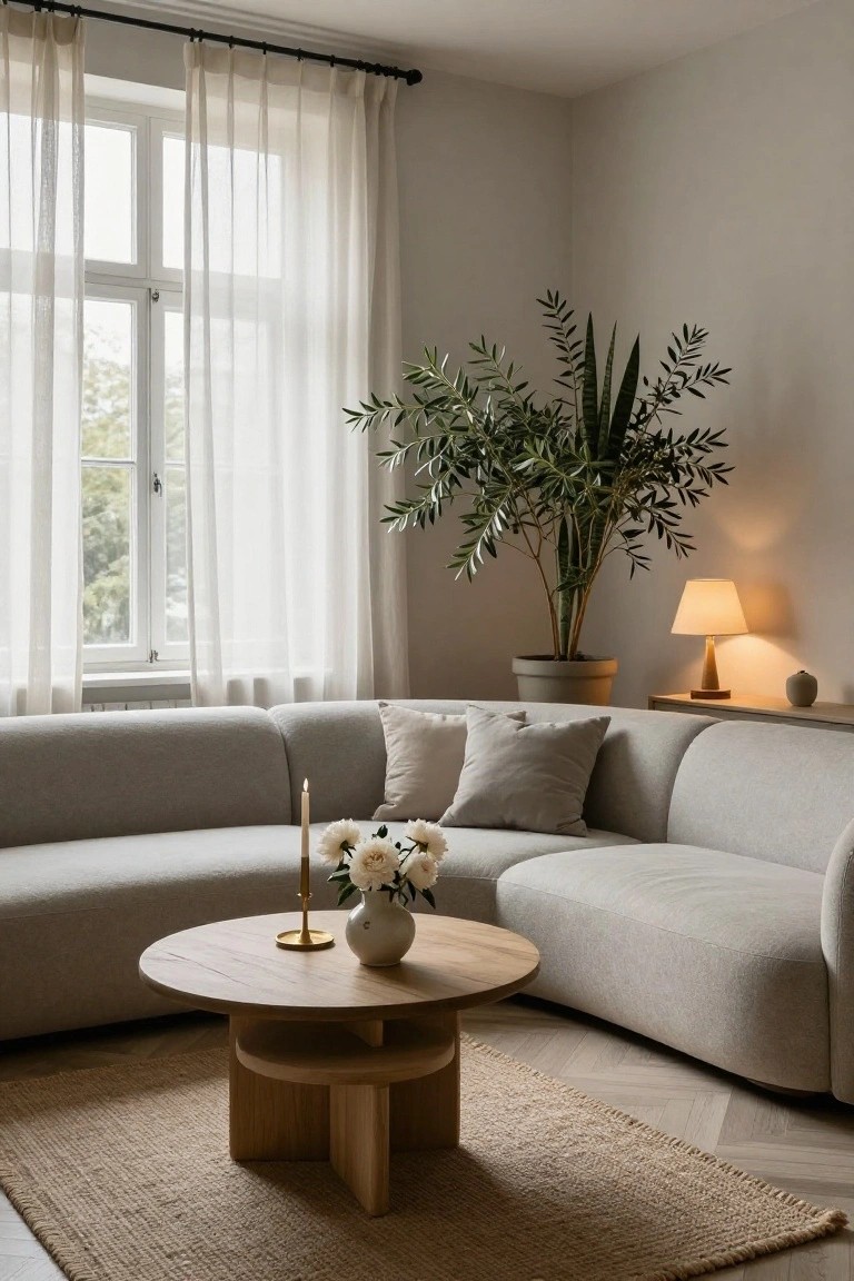 Corner of a light gray curved bouclé sofa with pillows, round oak coffee table holding a white vase of peonies, gold candleholder, lit candle, tall potted plant with olive and snake plant leaves, beige seagrass rug on herringbone wood floor, sheer curtains on large windows, table lamp on wood shelf in neutral room.
